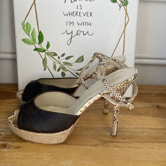 Bettye Muller‎ Platform Peep Toe Snakeskin Heels size 9.5 Black New - Picture 1 of 11